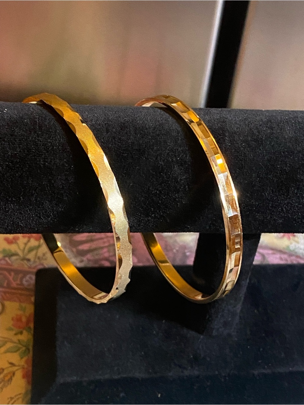 Vintage Gold Tone Stackable Bangle Bracelets Set of 2 Geometric Textured
